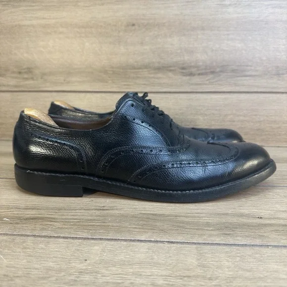 Vintage 70s Allen Edmonds Harwood Wingtip Oxford Black Pebbled Calf Shoes Sz 10A